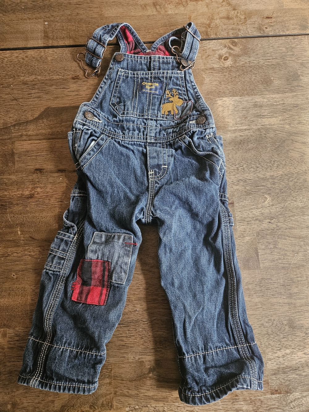 OshKosh B'gosh Blue Denim Overalls with Red Plaid Patch